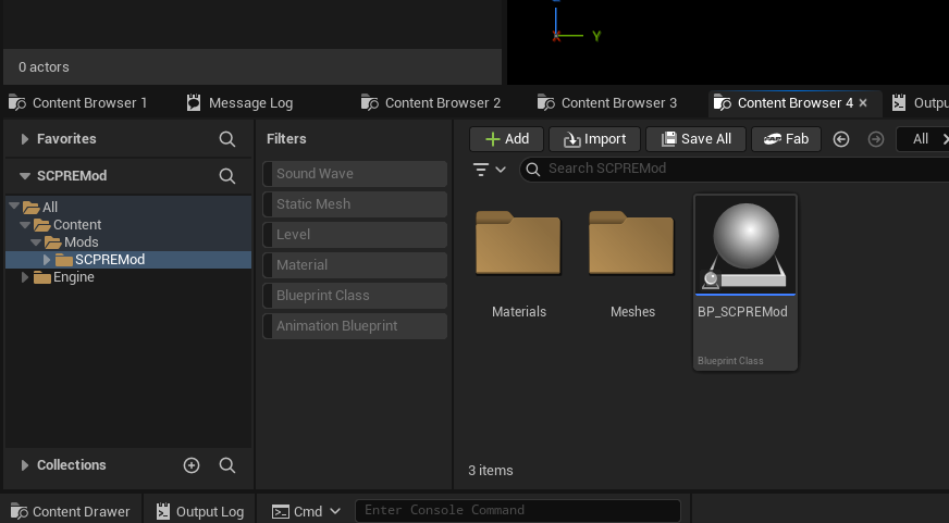 Content Browser showing mod folder hierarchy
