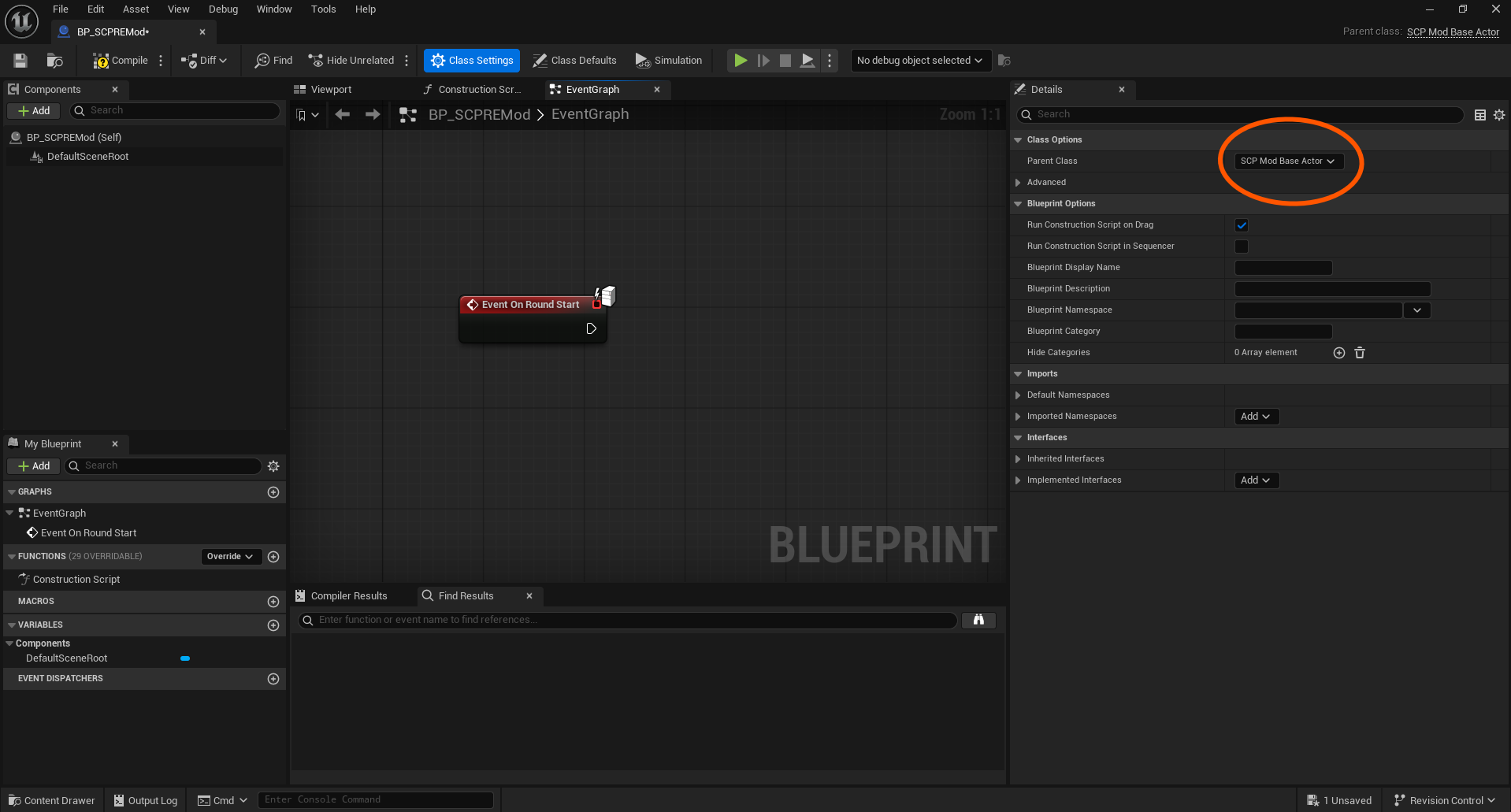Blueprint Class Settings showing Parent Class: SCP Mod Base Actor