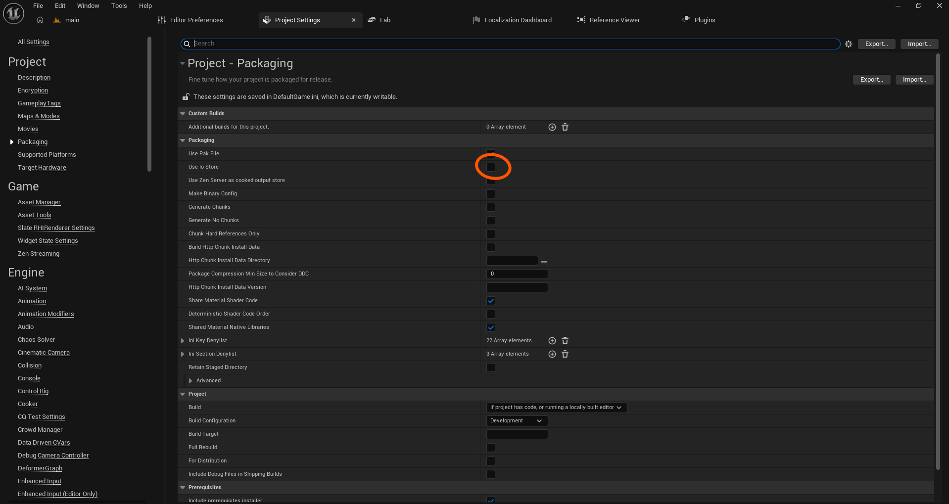 Project Settings Packaging showing Use Io Store unchecked