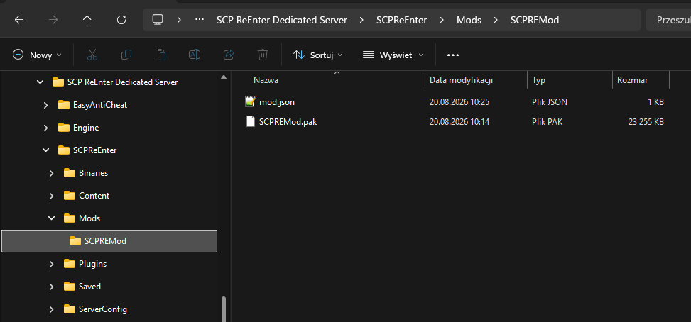 Server folder containing mod PAK and mod.json